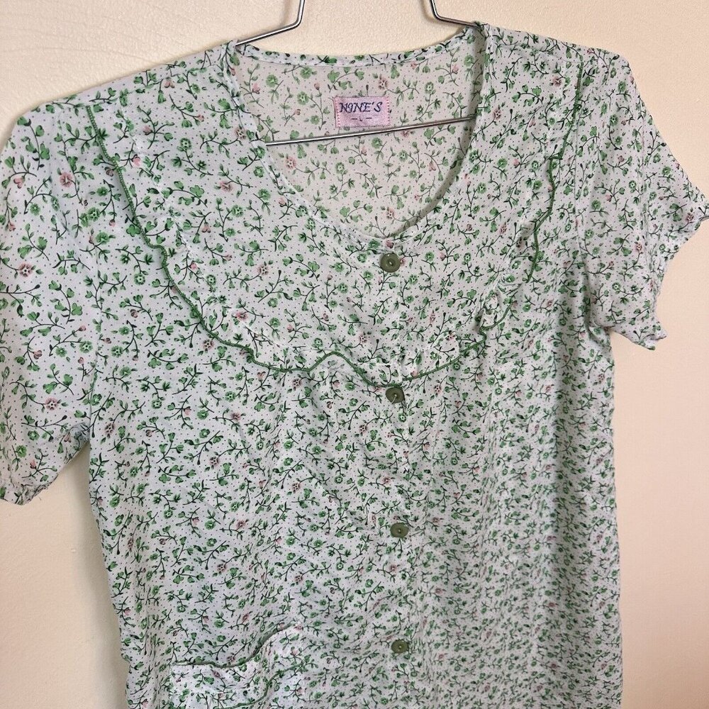 Vintage N9ES's Womens Green Floral Housedress XL Loungewear Button Up Midi